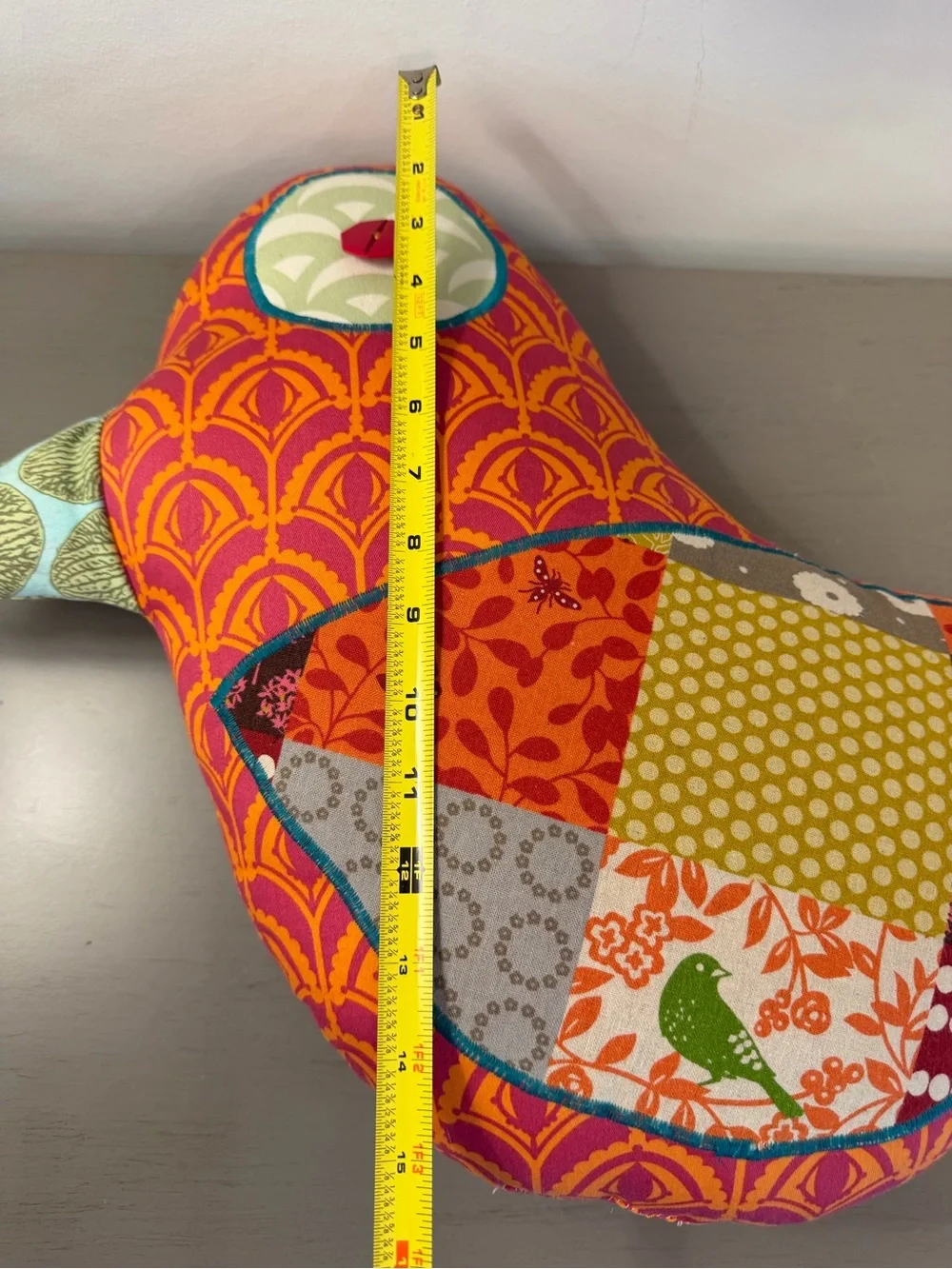 Handmade Patchwork Bird Accent Pillow Boho Folk Art Whimsical Bird Button Eye